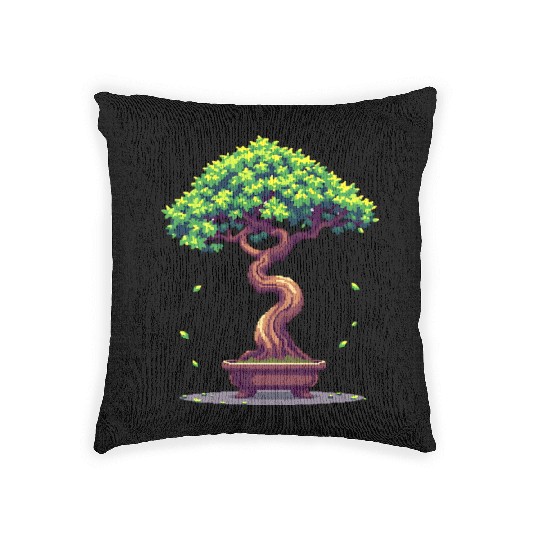 Pixel Bonsai Tree – Retro Nature Serenity Woven Pillows