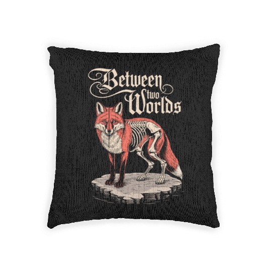 Between Two Worlds Dark Cottagecore Fox Art Woven Pillows