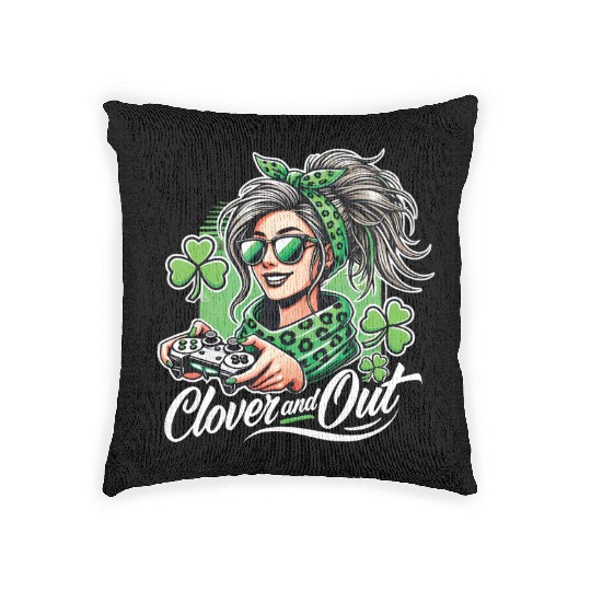 St. Patrick's Day Gamer Girl Style Clover And Out Woven Pillows