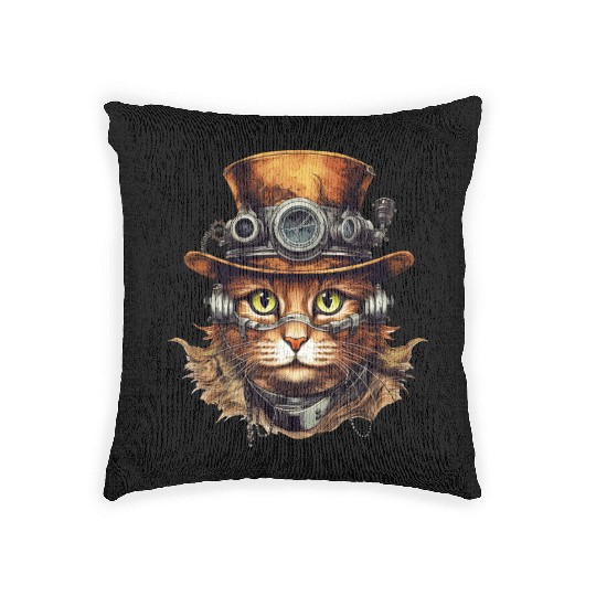 Steampunk Cat Kitten Art Fantasy Steampunk Artwork Woven Pillows