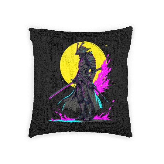 Cyberpunk Samurai Warrior Neon Art Design Woven Pillows