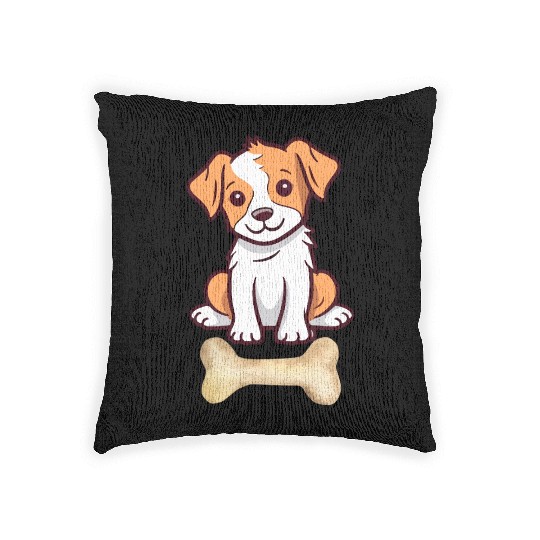 Cute White and brown dog with bone Woven Pillows