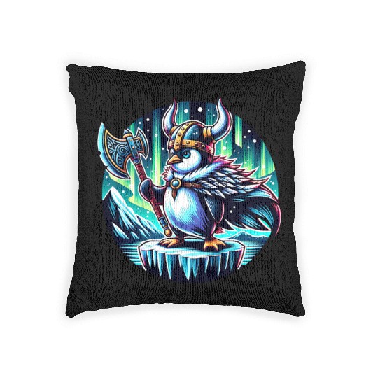 Viking Penguin with Axe Under Northern Lights Woven Pillows