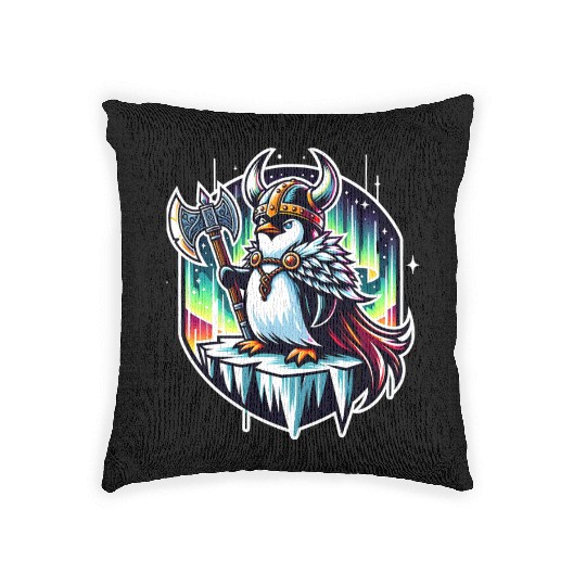 Viking Penguin Conquering Northern Lights Woven Pillows