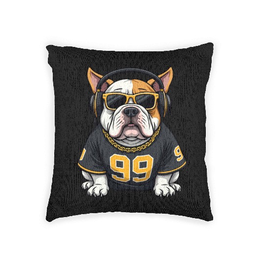 Vector graphic of a Hip-Hop Bulldog with headphone Woven Pillows