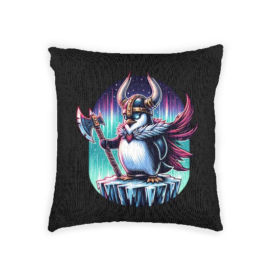 Viking Penguin Warrior Under Northern Lights Woven Pillows