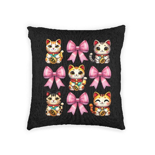 Coquette Bow Maneki Neko Japanese Cat Lucky Pink Woven Pillows