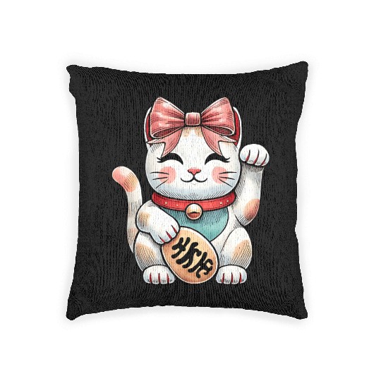 Coquette Bow Maneki Neko Japanese Cat Lucky Pink Woven Pillows