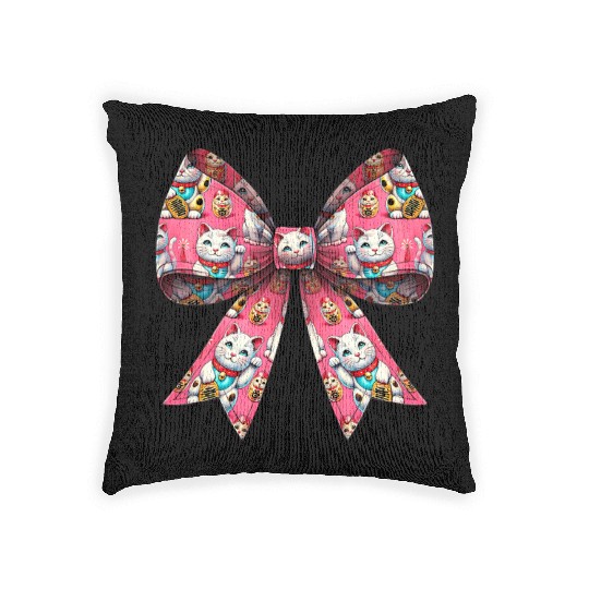 Coquette Bow Maneki Neko Japanese Cat Lucky Pink Woven Pillows