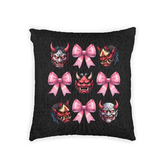 Coquette Bow Oni Yokai Devil Mask Pink Mothers Day Woven Pillows