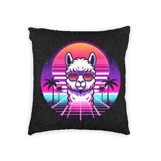 Retro Cool Llama with Neon Sunset Vibes Woven Pillows