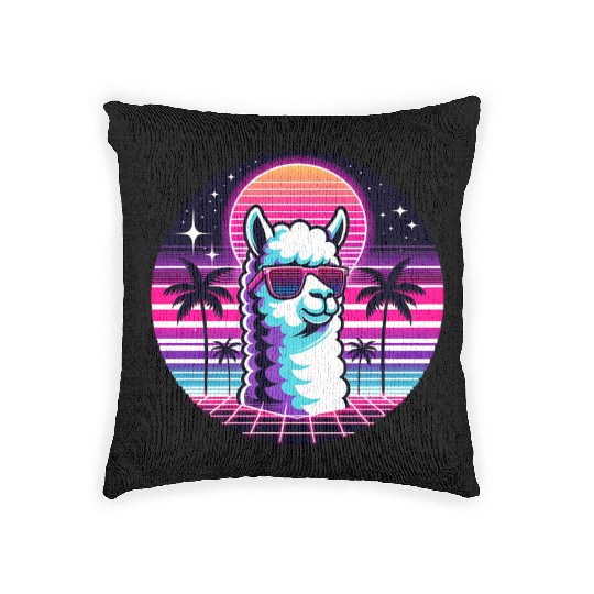 Retro Neon Llama with Sunglasses Vibes Woven Pillows