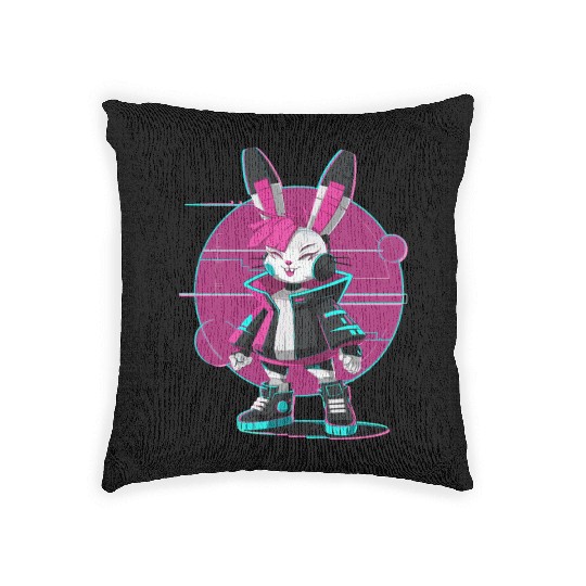 Cyber Bunny with Futuristic Style and Neon Colors Woven Pillows