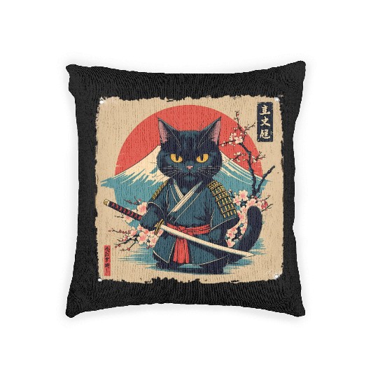 samurai cat Woven Pillows
