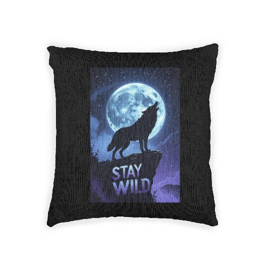 Stay Wild – Majestic Wolf Silhouette Under Moon Woven Pillows
