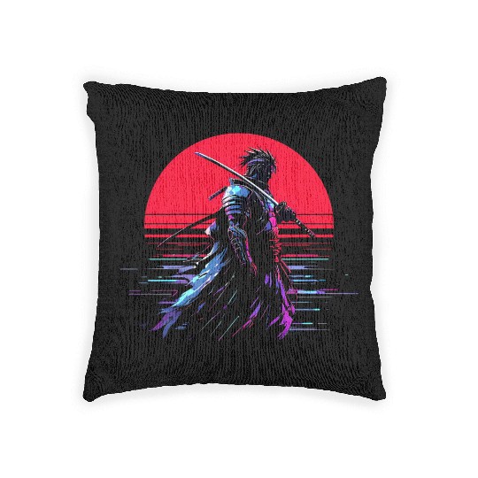 Cyberpunk Samurai Warrior Under Neon Moon Woven Pillows