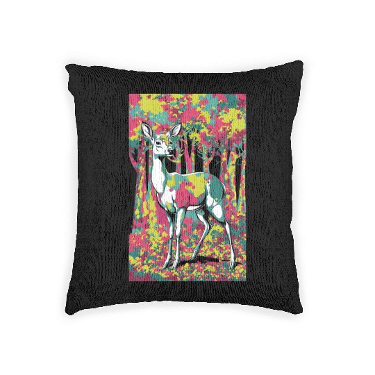 Trippy camouflage deer in the forest Woven Pillows