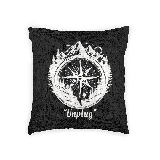 Compass Mountains Hiker, Unplug Nature Adventure Woven Pillows