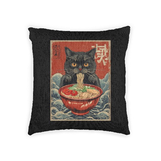 Kawaii cute Vintage Japanese Anime Manga Cat Ramen Woven Pillows