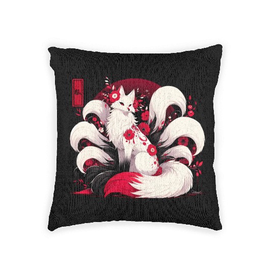 Kitsune Fox Red spider lily Flowers Japanese Nine Woven Pillows