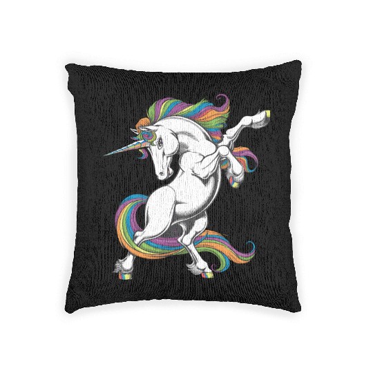 Majestic Rainbow Unicorn Prancing with Vibrant Woven Pillows