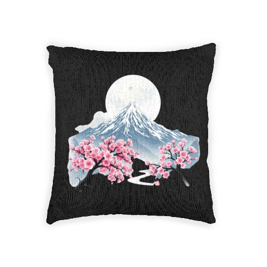 Japanese mount fuji Sakura tree Cherry blossom Woven Pillows