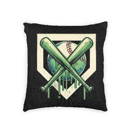 Baseball and Bat Dripping Green Woven Pillows