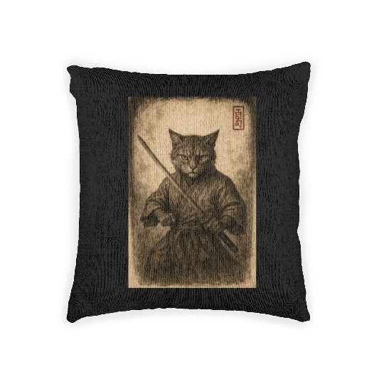 Samurai Cat in Vintage Style Woven Pillows