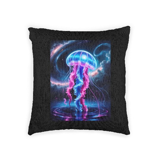 A mesmerizing neon jellyfish gracefully floating Woven Pillows