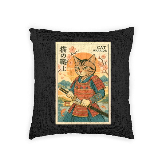 Samurai Cat in Traditional Armor Art Woven Pillows