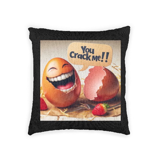 A cracked Easter egg laughing with the caption Woven Pillows