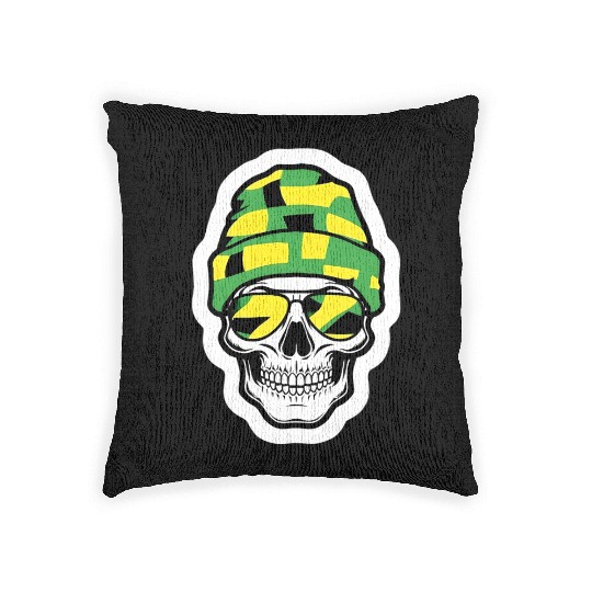 Human Skull Wearing Green Beanie Woven Pillows