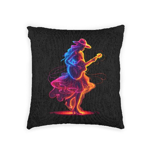 Guitar Player Girl Synthwave Woven Pillows