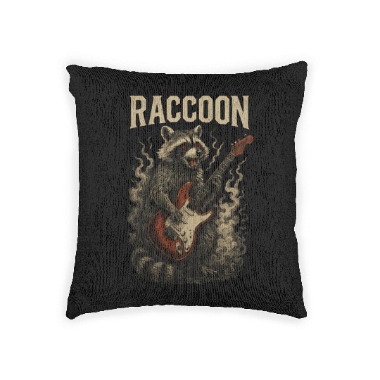 Rock Raccoon Playing Guitar - Funny Guitar Raccoon Woven Pillows
