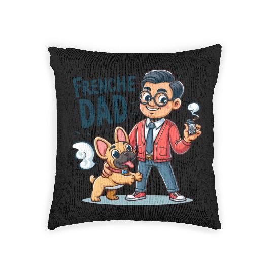 Frenchie Dad Cartoon Design Woven Pillows