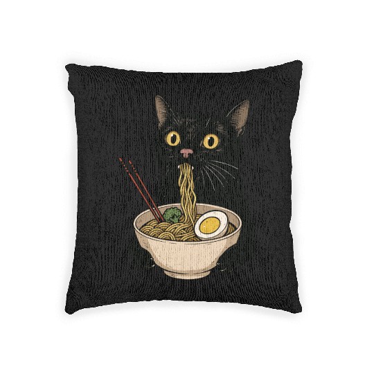 Black Cat Eating Ramen Noodles, Cute Japanese Food Woven Pillows