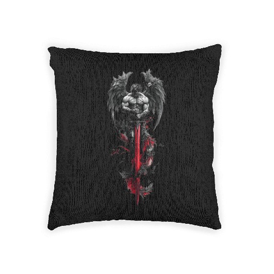 Dark Fallen Angel with Crimson Sword Woven Pillows