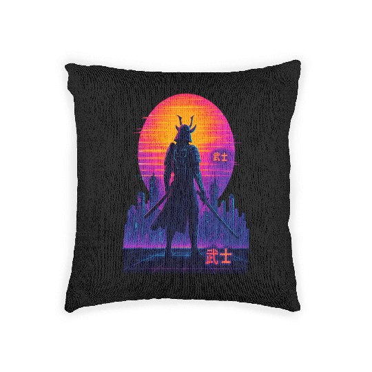 Neon Samurai - Cyberpunk Warrior Art Woven Pillows