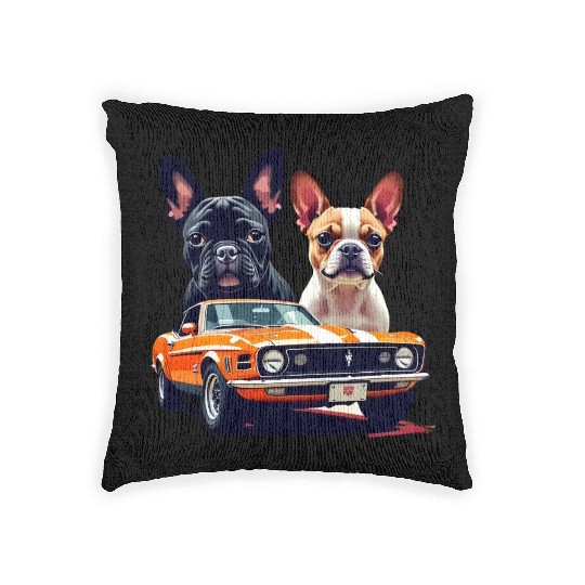 French Bulldogs with Classic Muscle Car – Retro Vi Woven Pillows