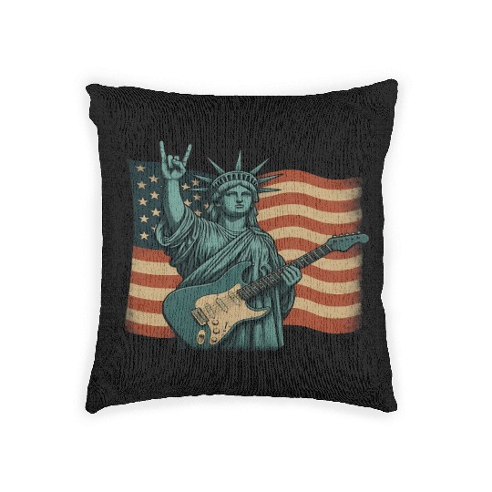 4th of July Statue Of Liberty Rock Guitar USA Flag Woven Pillows