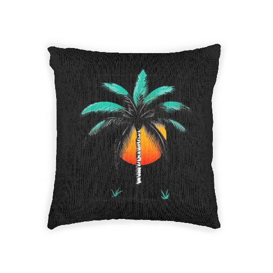 Grayscale Line Drawing Of A Central palm tree Woven Pillows