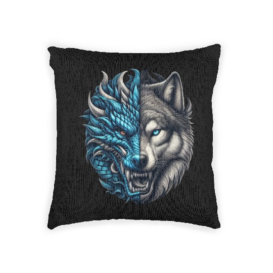 Dragon Wolf Fusion - Epic Beast Split Face Art Woven Pillows