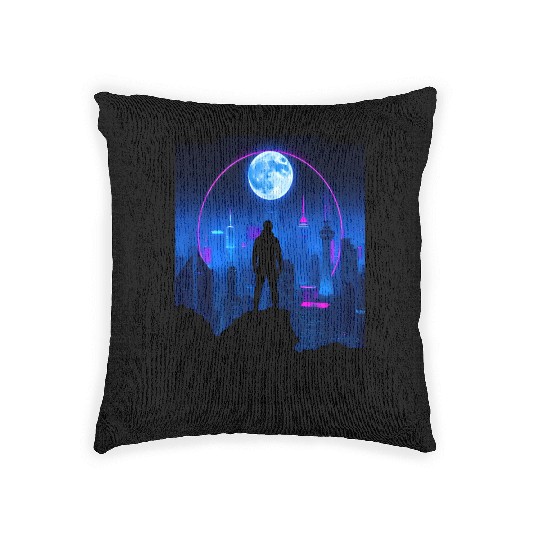 Neon Futuristic Skyline with Glowing Moon Woven Pillows