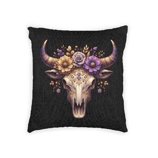 Boho Bull Skull with Floral – Western Bohemian Woven Pillows