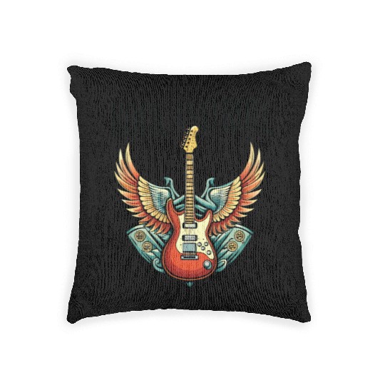 Vintage Retro 80s Rock Roll Music Guitar Wing Woven Pillows