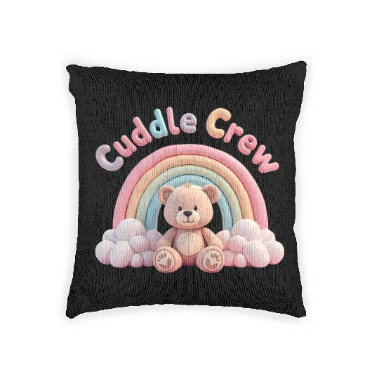 Soft teddy bear sitting under a rainbow Woven Pillows