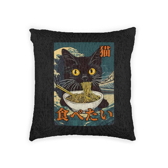 Cat Ramen Japanese Graphic Art Kawaii Kitty Anime Woven Pillows