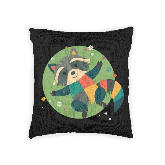 colorful raccoon lies relaxed in the green grass Woven Pillows