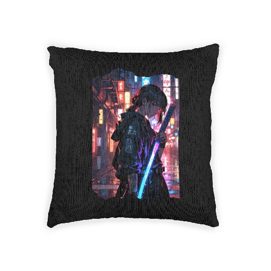 Cyberpunk Samurai Girl Woven Pillows