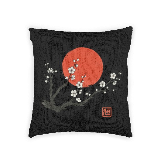 Cherry Blossom and Red Sun – Japanese Sumi-e Ink S Woven Pillows